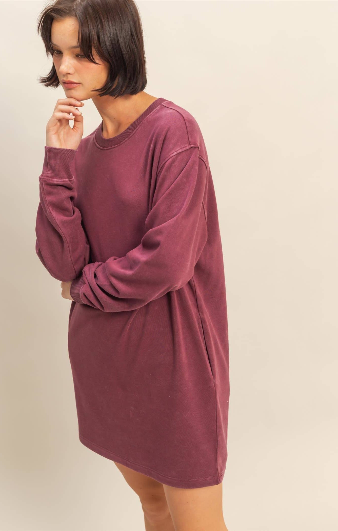 Mickie Mineral Washed Sweatshirt Dress ~ Dark Cherry