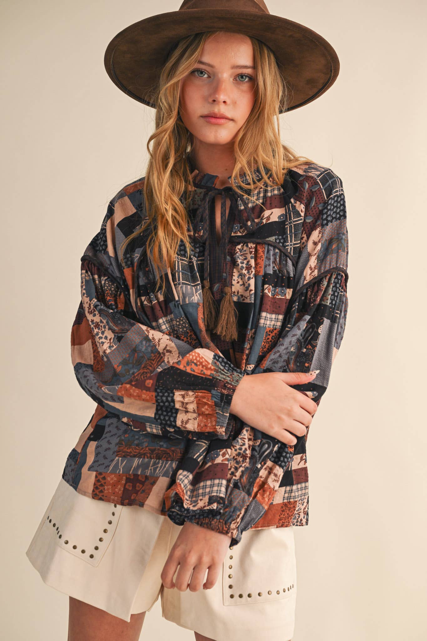 Layla Boho Patchwork Babydoll Top ~ Brown
