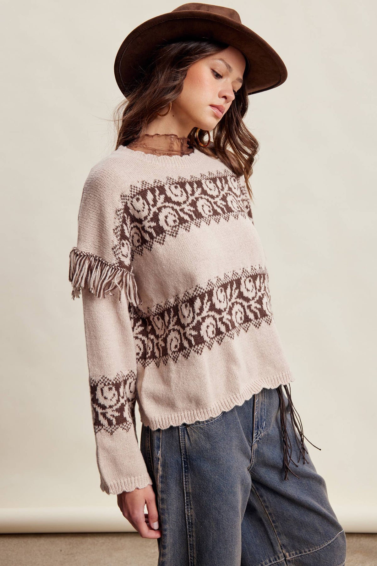 Whitney Western Fringe Pattern Knit Sweater ~ Sand Stone