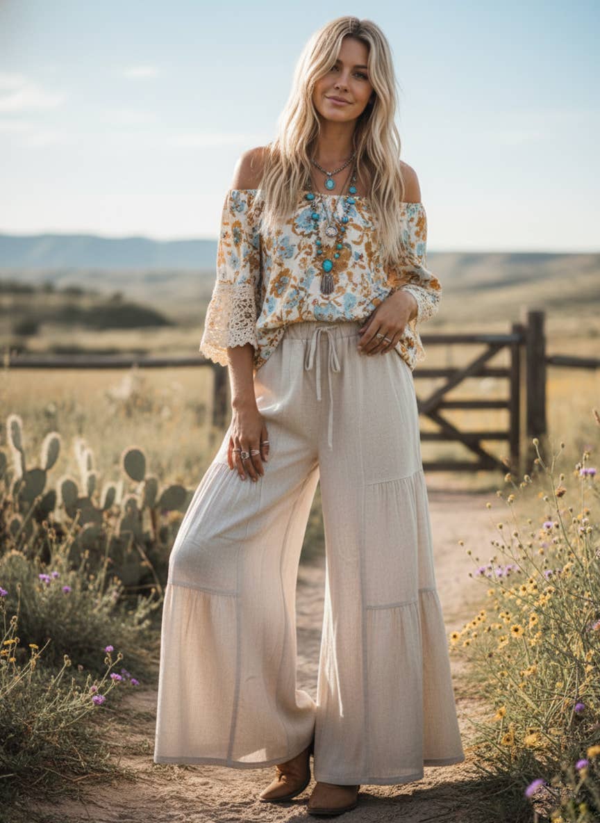 Linen Blend Tiered Wide Leg Palazzo Pants~Natural