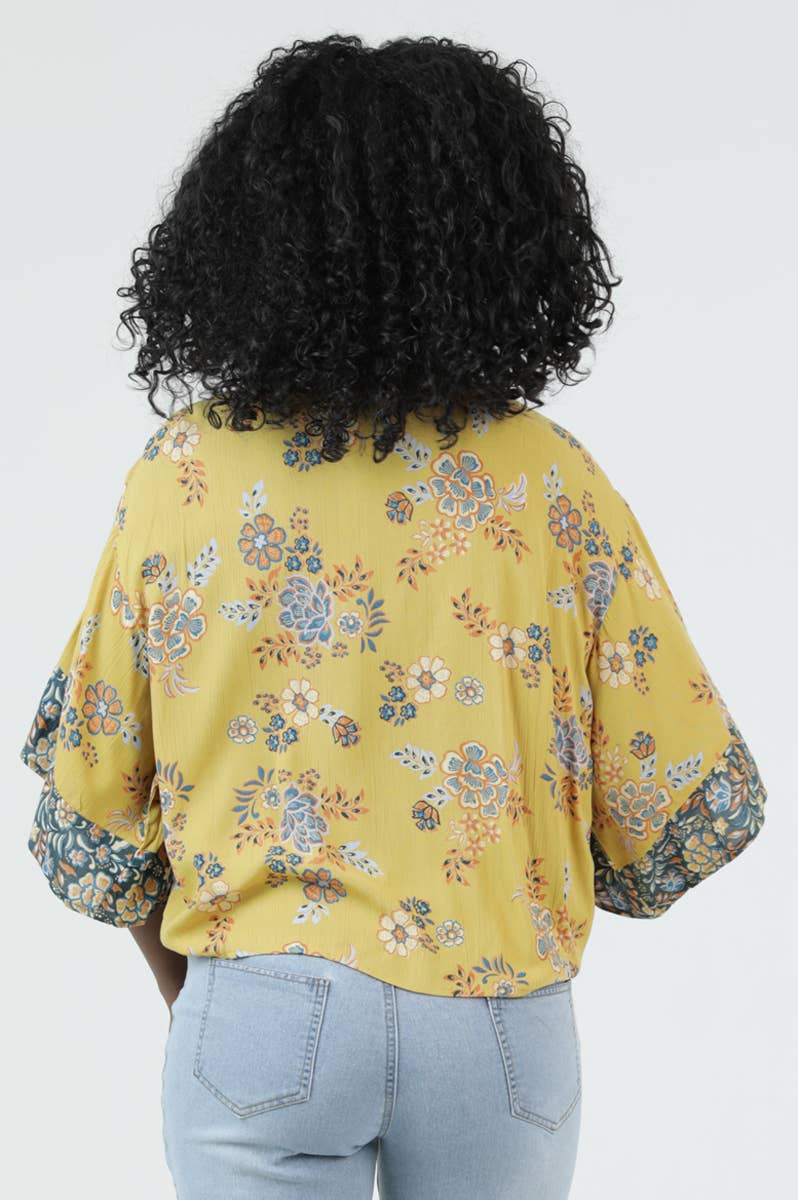 Shelia V Neck Tie Front Floral Top ~ Mustard