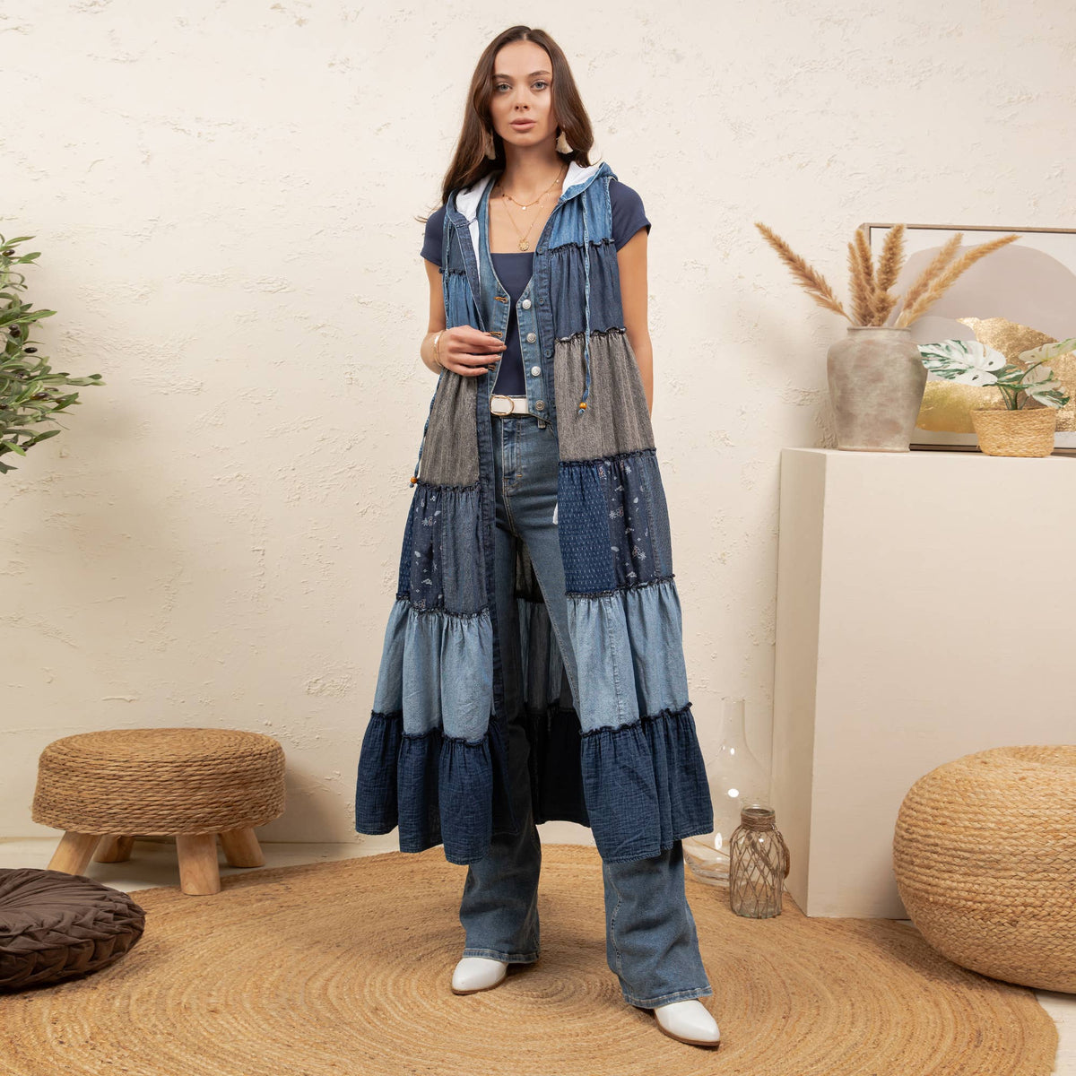 Boho Sleeveless Maxi Button-Front Hooded Duster ~ Denim
