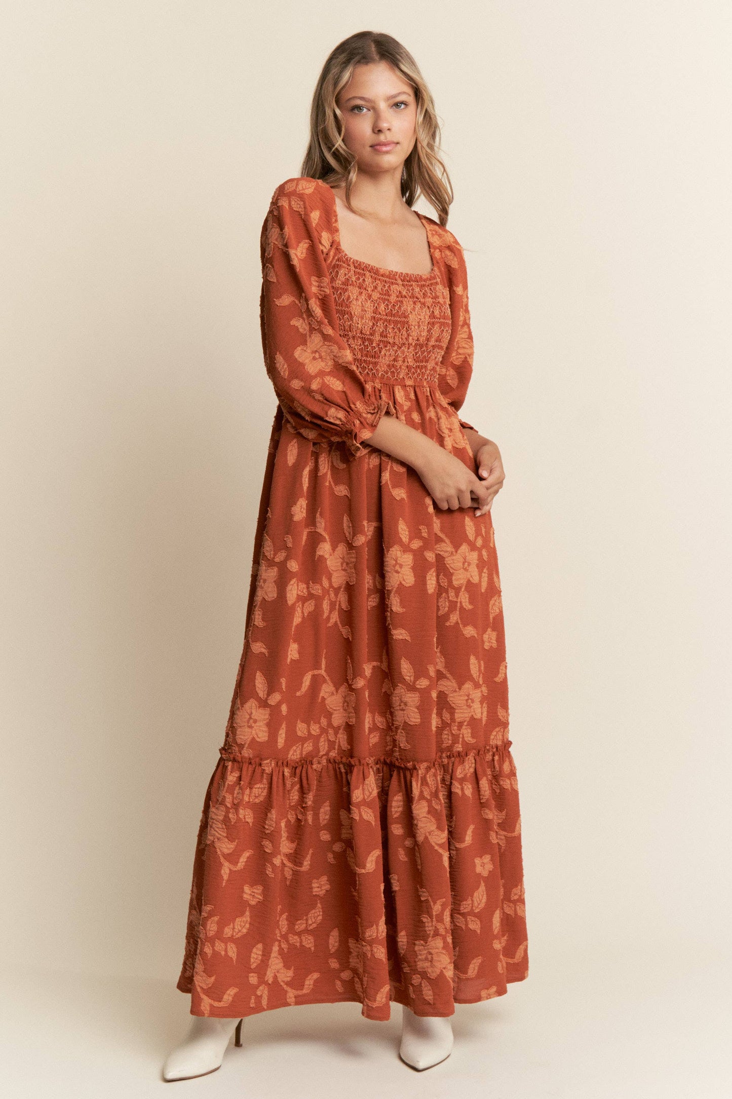 Felicity Floral Smocked Bodice Maxi Dress ~ Brick