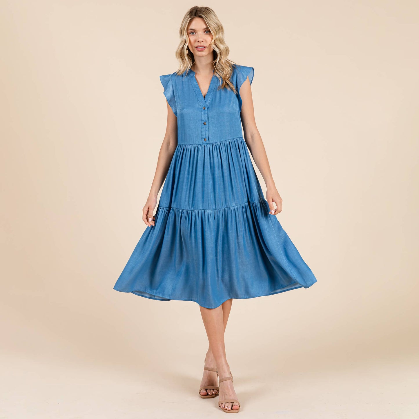 Terry Tiered Flutter Sleeve Midi Dress ~ Chambray