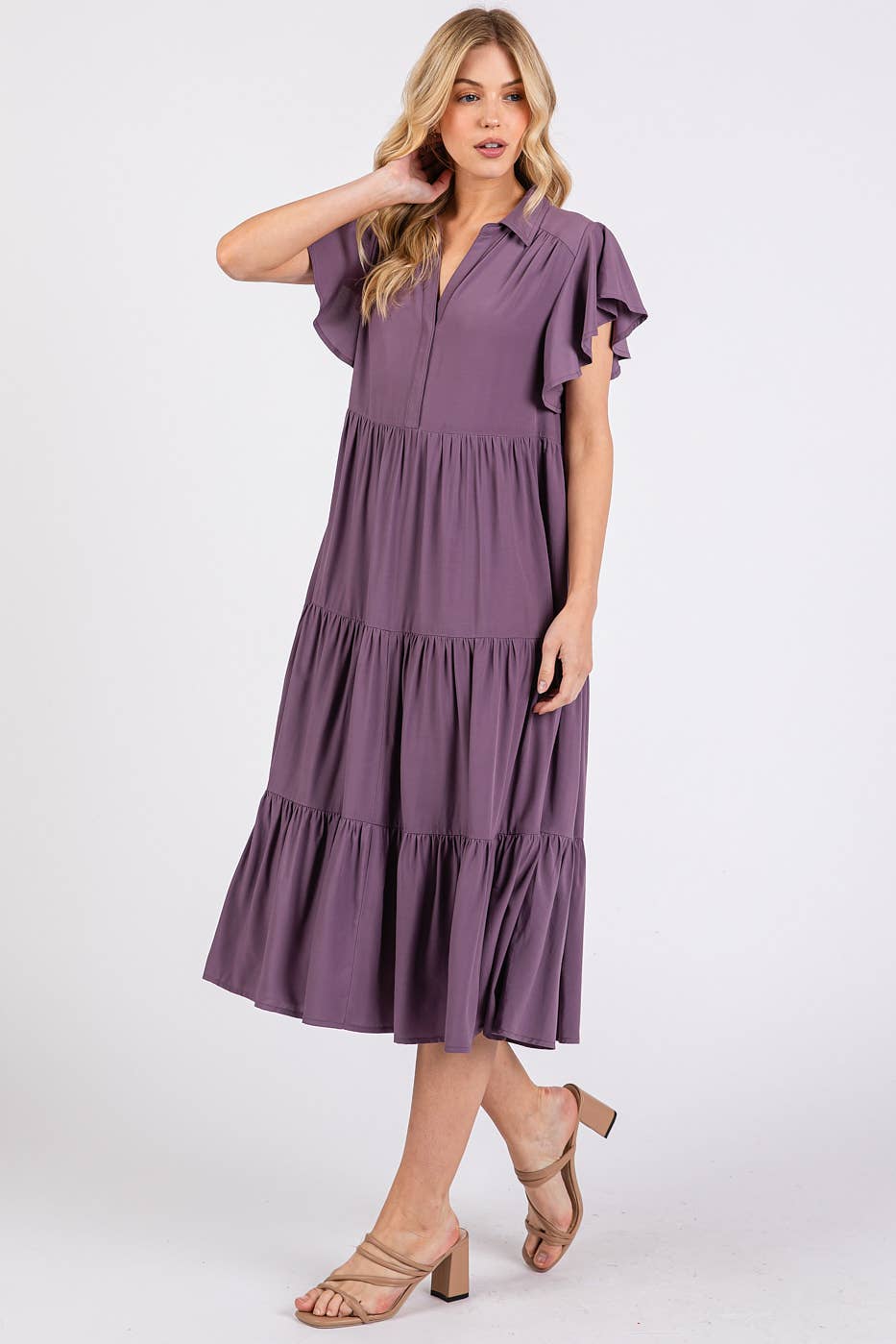 Rowan Ruffle Sleeve Collared Midi Dress ~ Faded Plum