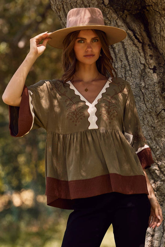 Carla Color Block Oversized Peasant Blouse ~ Olive