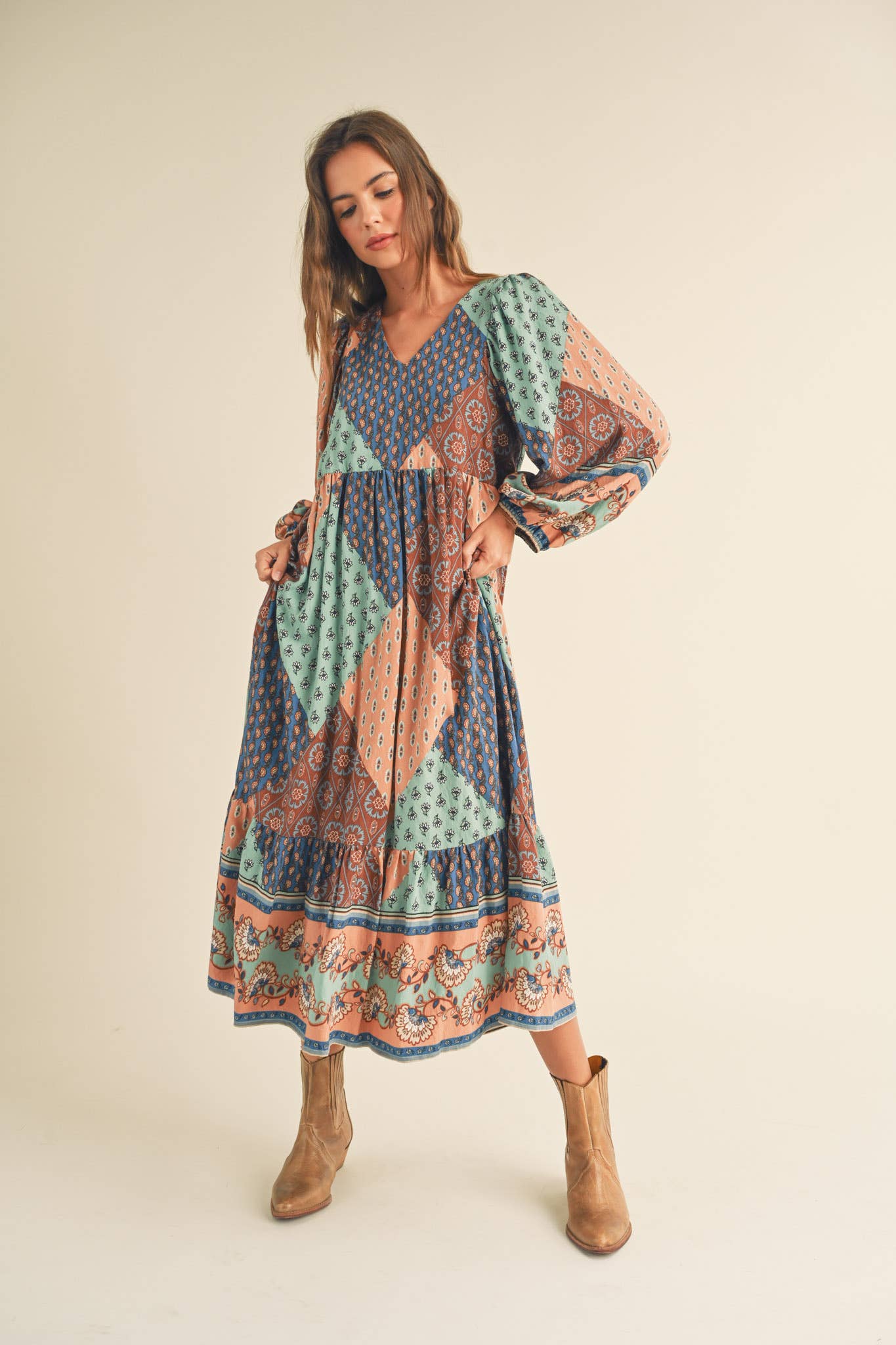 Amelia Border Print Balloon Sleeve Midi Dress ~ Multi