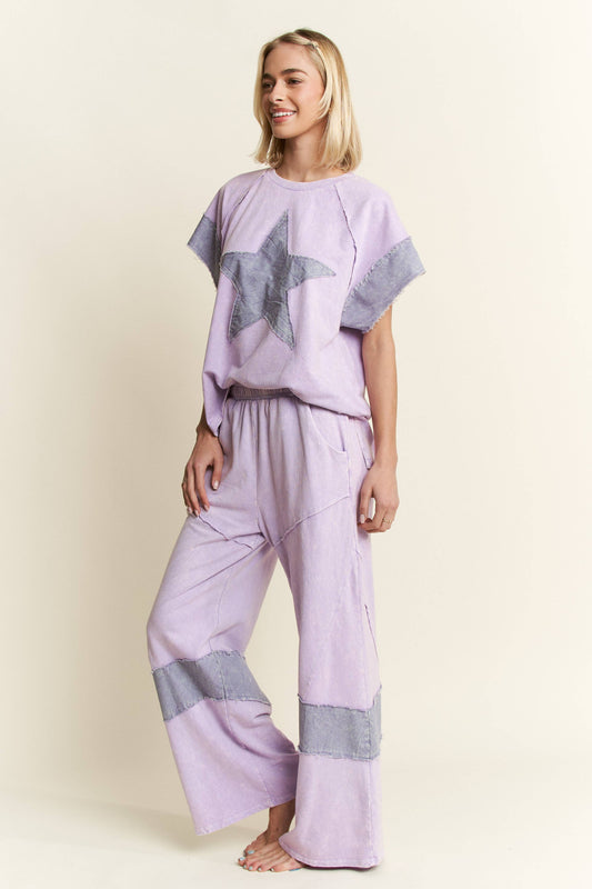 Morgan Mineral Wash Denim Patched Wide Leg Pants ~ Light Lavender