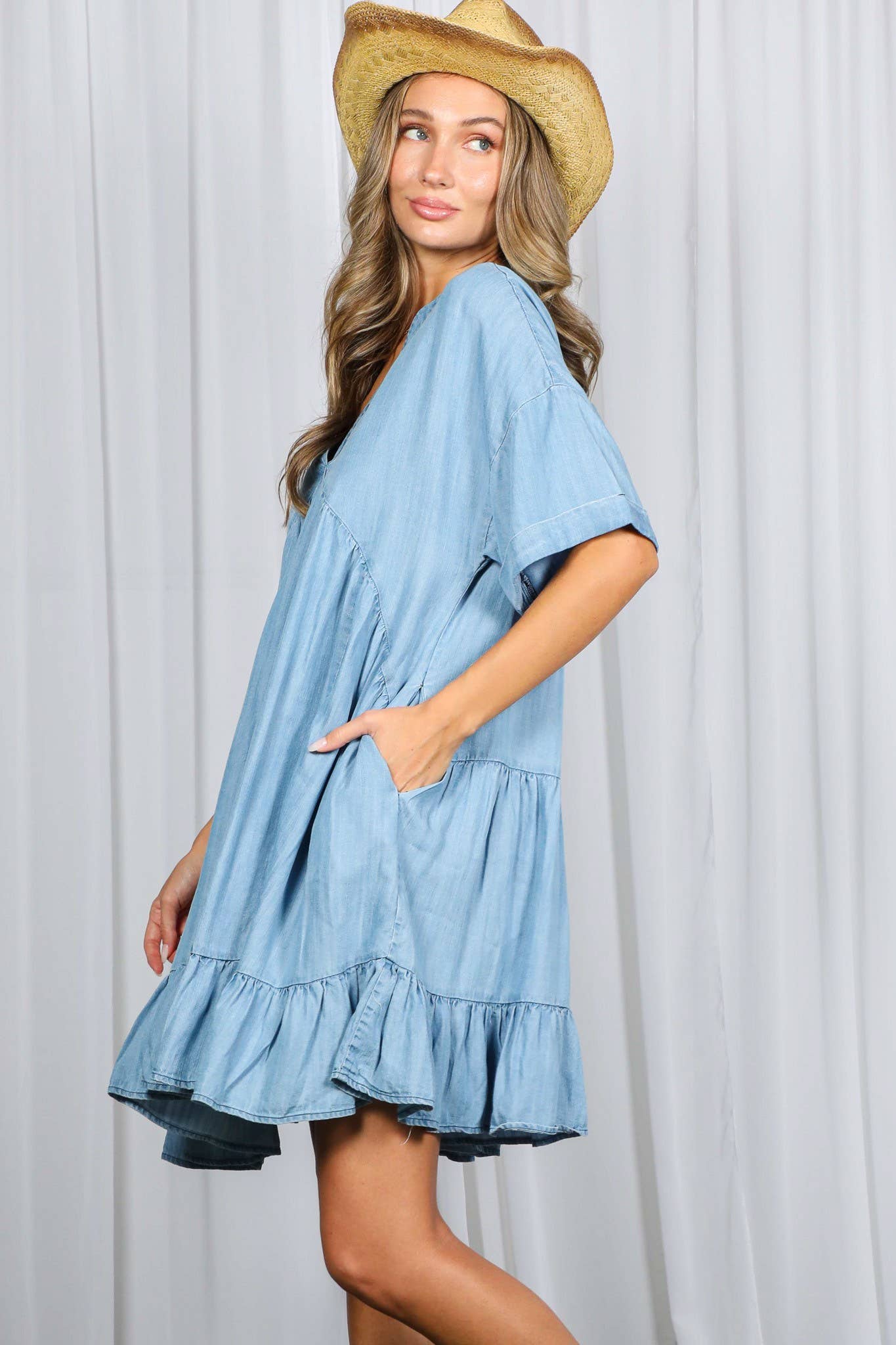 Veronica V-Neck Tencel Chambray Tiered Dress~ Light Denim
