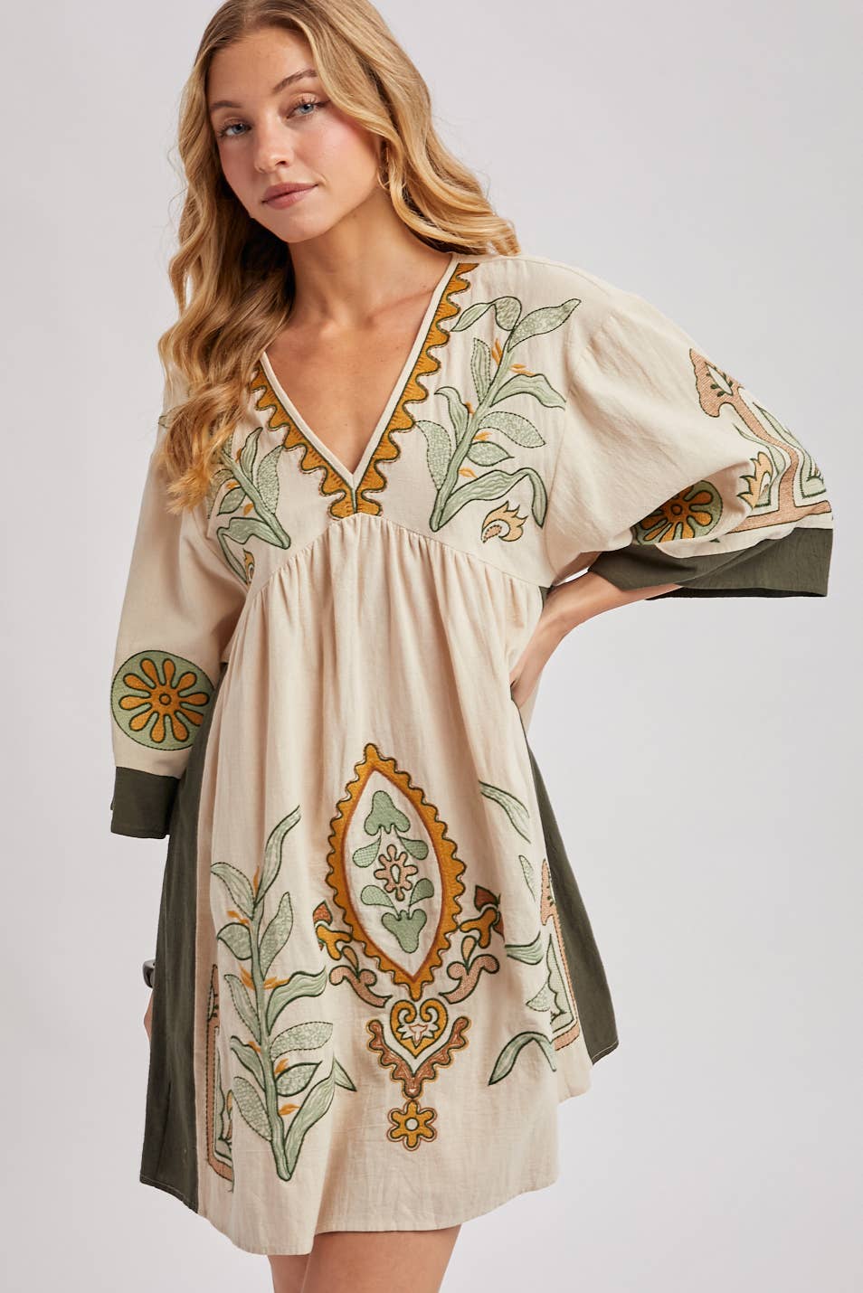 Blair Boho Embroidered V Neck Dress ~ Oatmeal