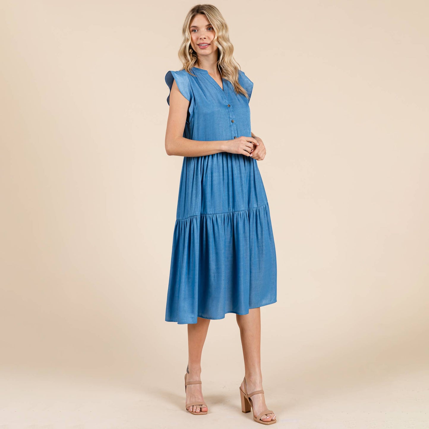 Terry Tiered Flutter Sleeve Midi Dress ~ Chambray
