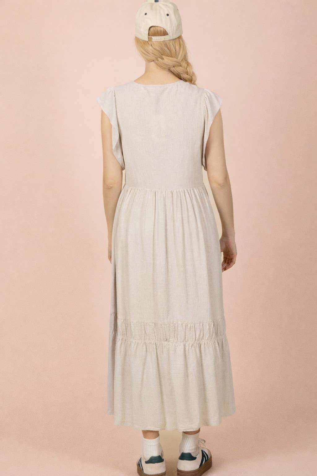Sara V-Neck Ruffle Sleeve Midi Dress ~ Oatmeal