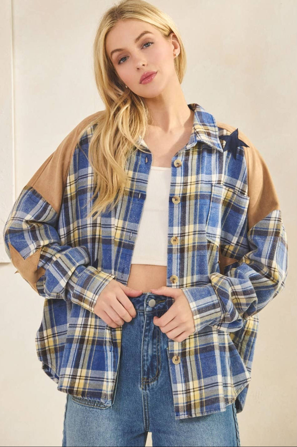 Skylar Star Patchwork Plaid Flannel Shirt ~ Blue