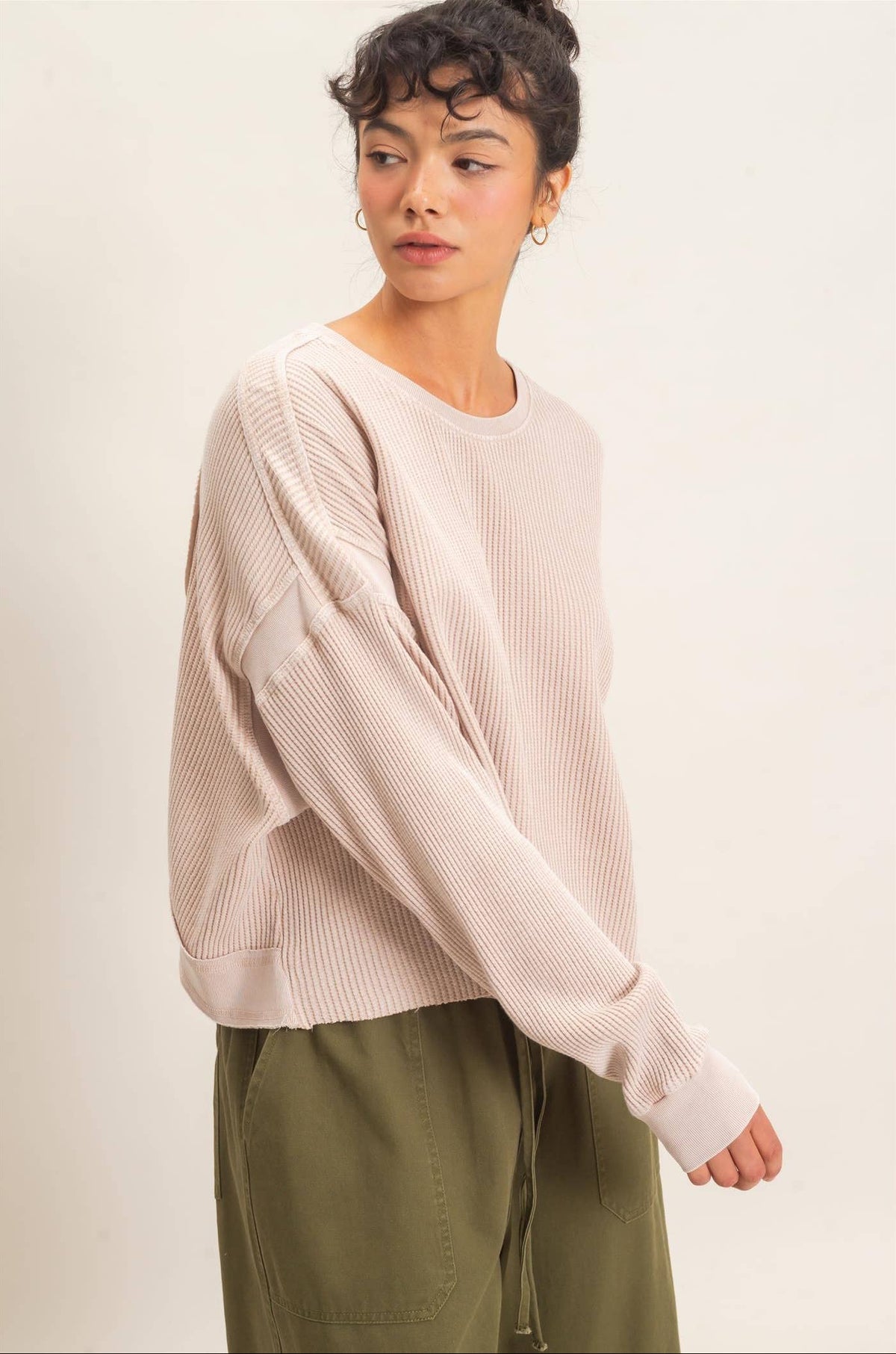 Mya Mineral Wash Waffle Open Back Top ~ Dark Taupe