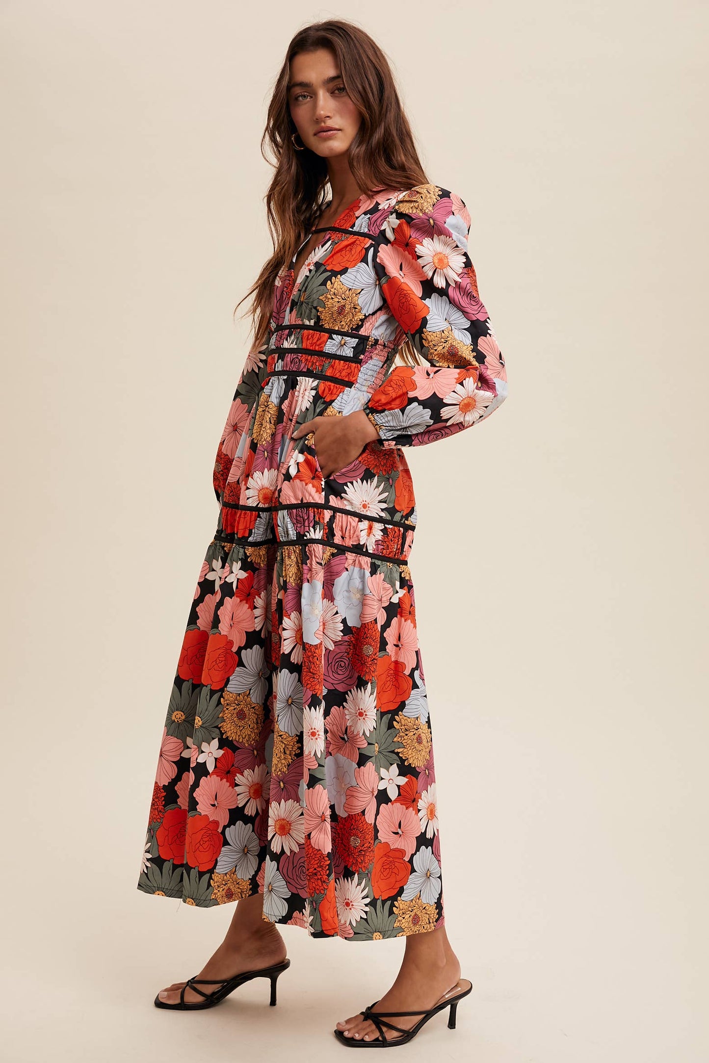 Sidney Floral Puff Sleeve Midi Dress ~ Red