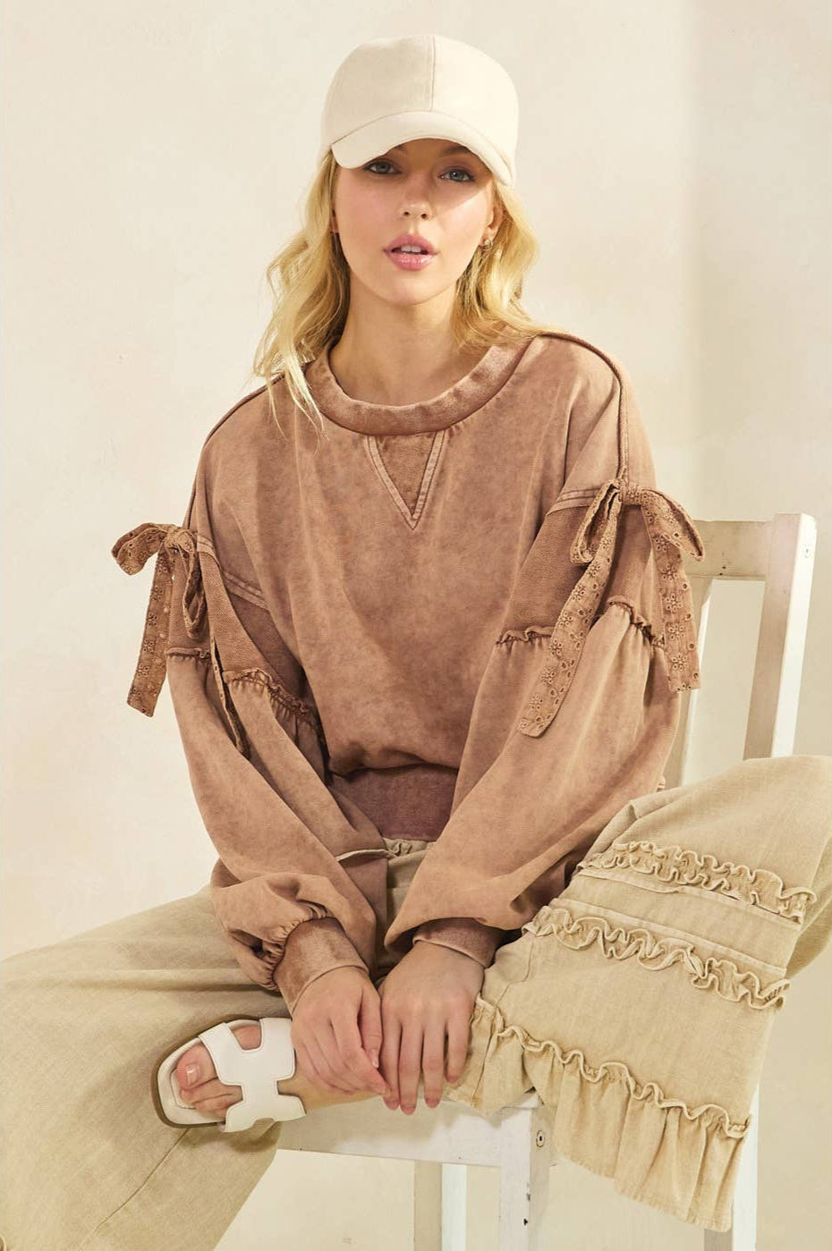 Bella Bow Applique Washed Pullover ~ Mocha Mousse