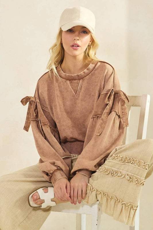 Bella Bow Applique Washed Pullover ~ Mocha Mousse