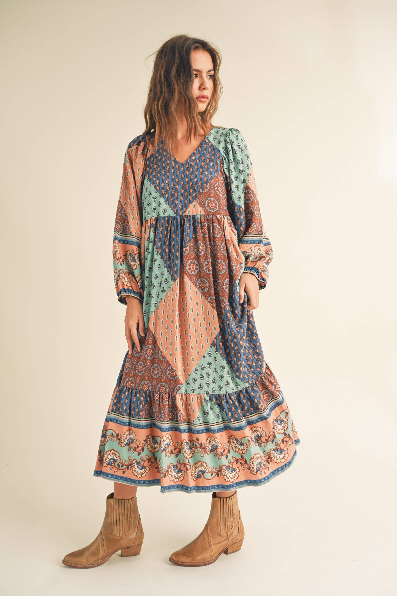 Amelia Border Print Balloon Sleeve Midi Dress ~ Multi