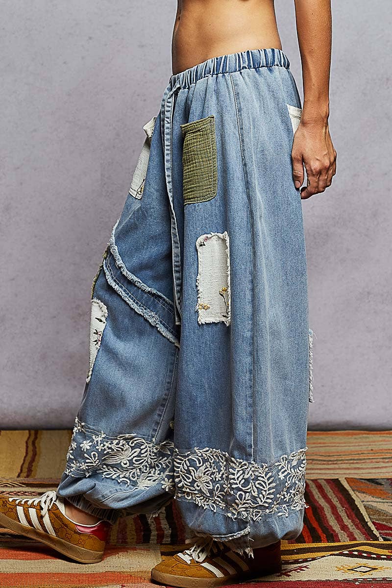 POL Floral Patch Lace Jogger Pant ~ Light Denim