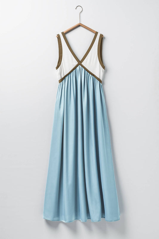 Cassie Contrast Piping Empire Waist Maxi Dress ~ Light Blue