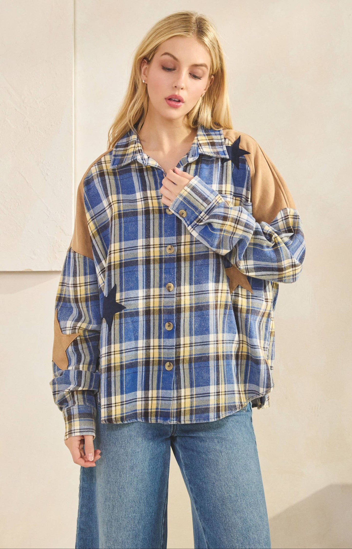 Skylar Star Patchwork Plaid Flannel Shirt ~ Blue
