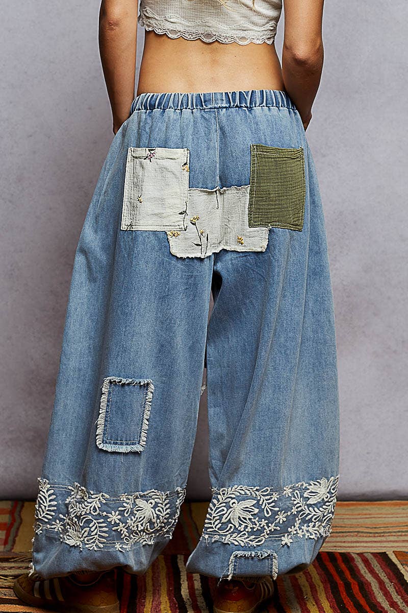 POL Floral Patch Lace Jogger Pant ~ Light Denim