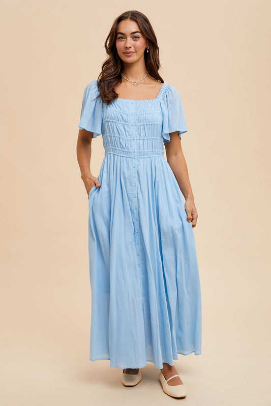 Sadie Shirred Bodice Button Maxi Dress ~ Airy Blue