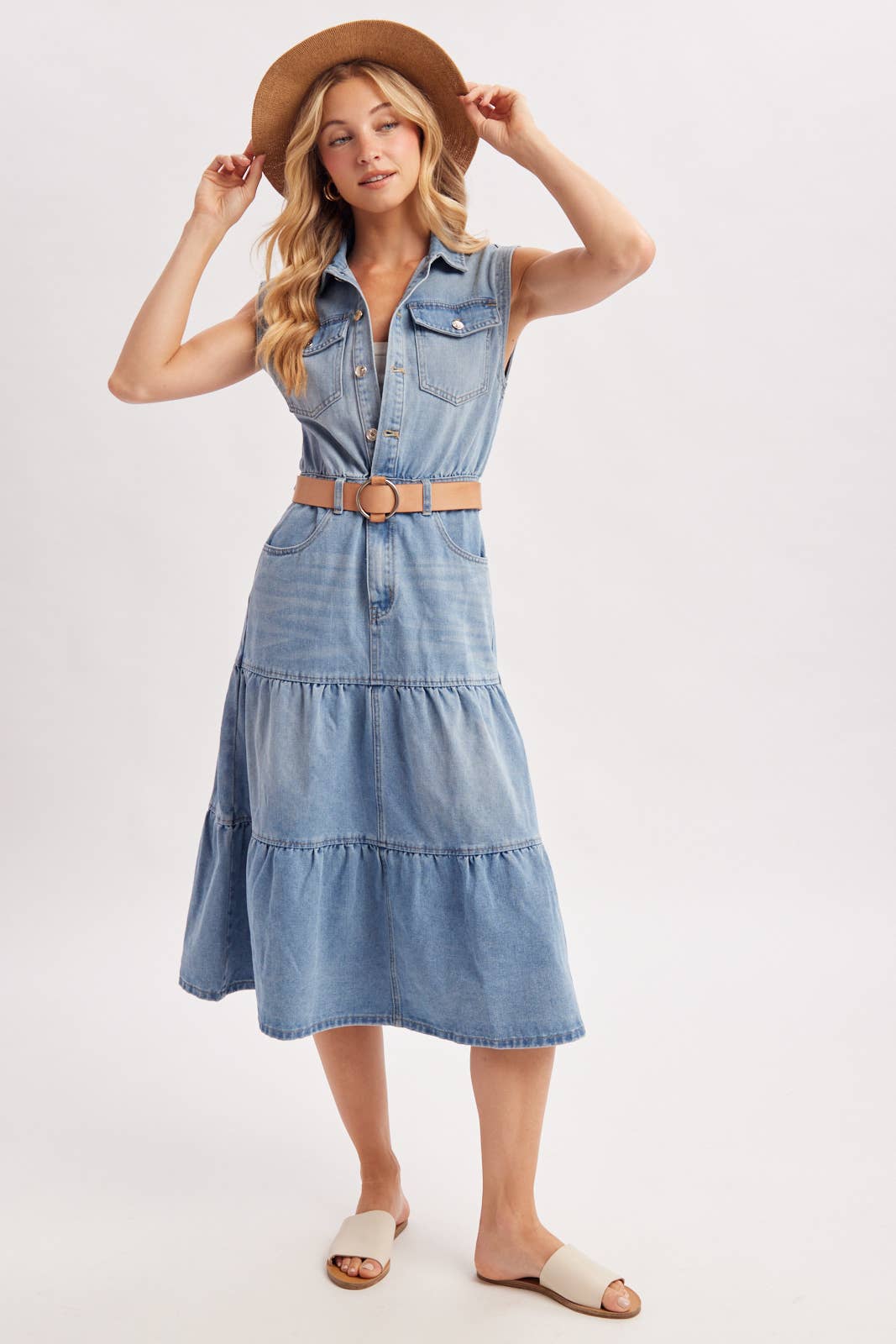 Devon Tiered Sleeveless Shirt Midi Dress ~ Light Denim
