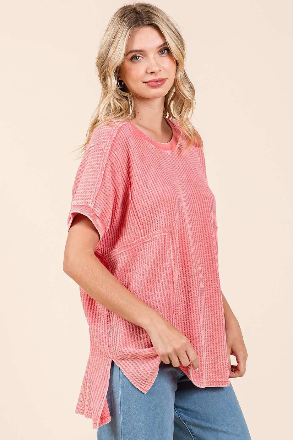 Ella Mineral Wash Waffle Knit Tunic Top ~ Coral
