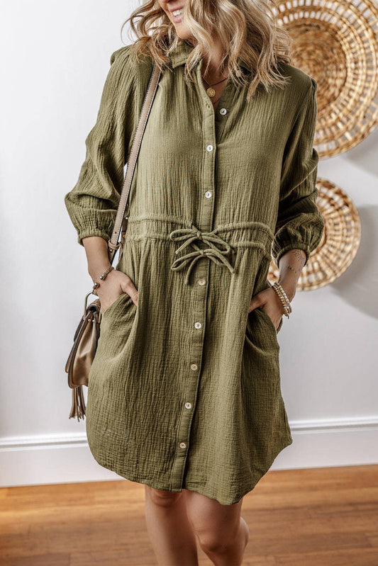 Harmony Textured Button Up Dual Tied Dress ~ Olive