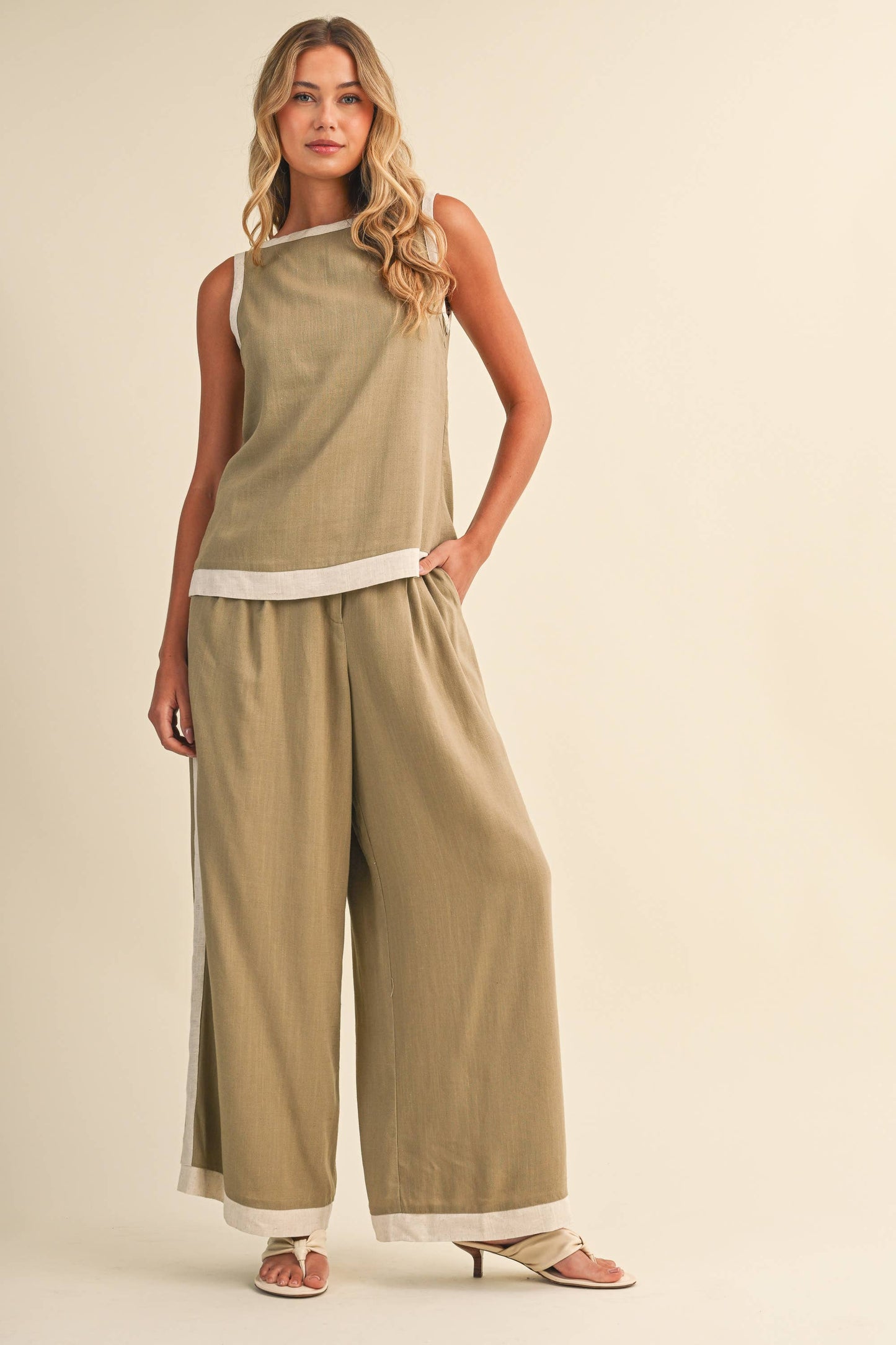Lauren Linen Wide Leg Pants ~ Olive/Natural