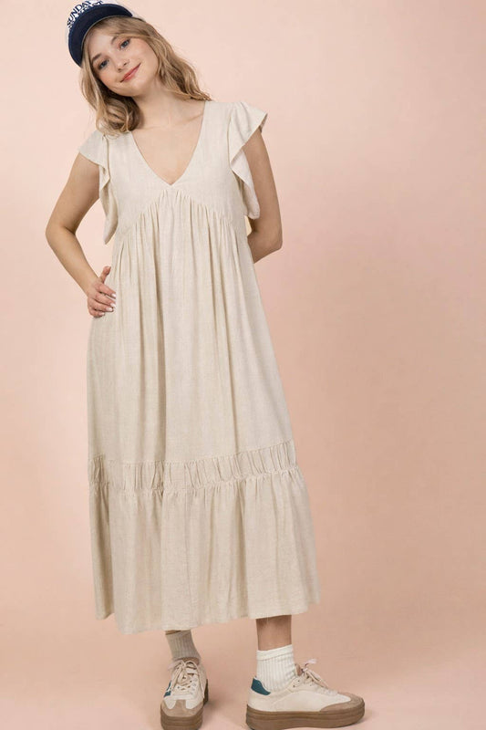 Sara V-Neck Ruffle Sleeve Midi Dress ~ Oatmeal