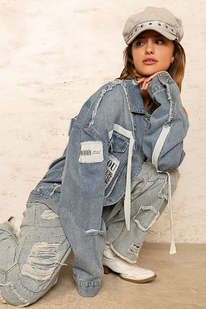 Remma Oversize Patch Detail Frayed Edge Jacket ~ Light Denim