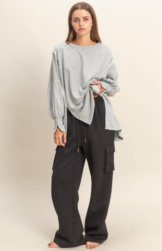 Oliva Oversized Unique Cuff Top ~ Heather Gray
