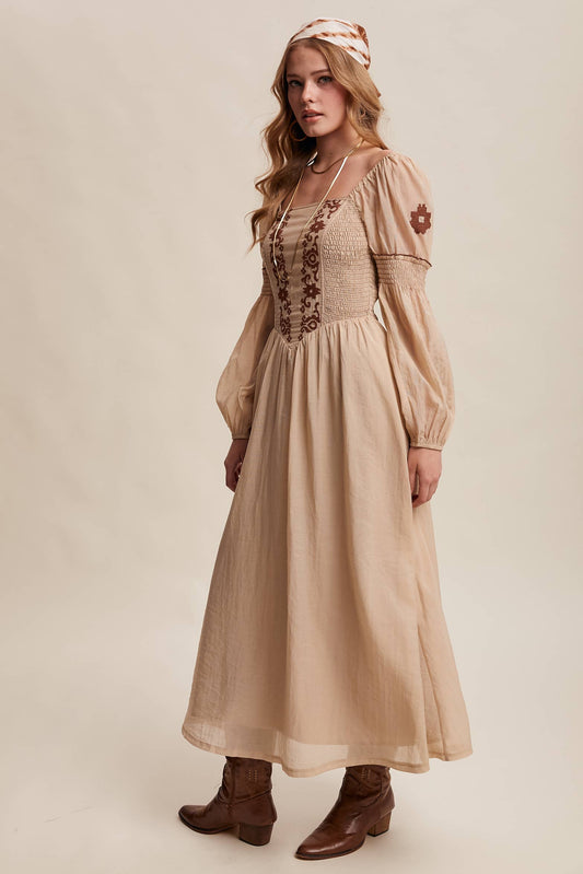 Emma Embroidered Square Neck Puff Sleeve Maxi Dress ~ Taupe