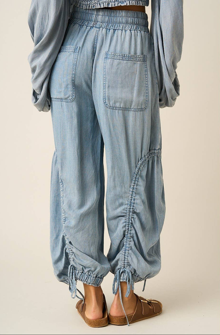 Whitley Washed Chambray Adjustable Leg Balloon Pants ~ Light Denim