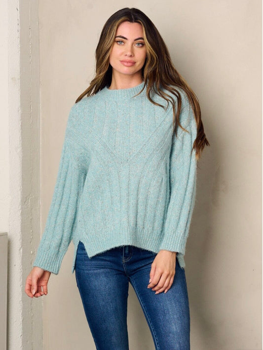 Ansley Side Slit Knit Sweater ~ Aqua Blue
