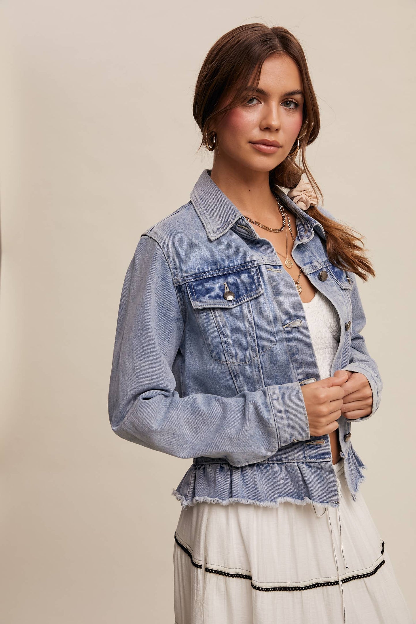 Regan Ruffled Hem Denim Jacket ~ Light Denim