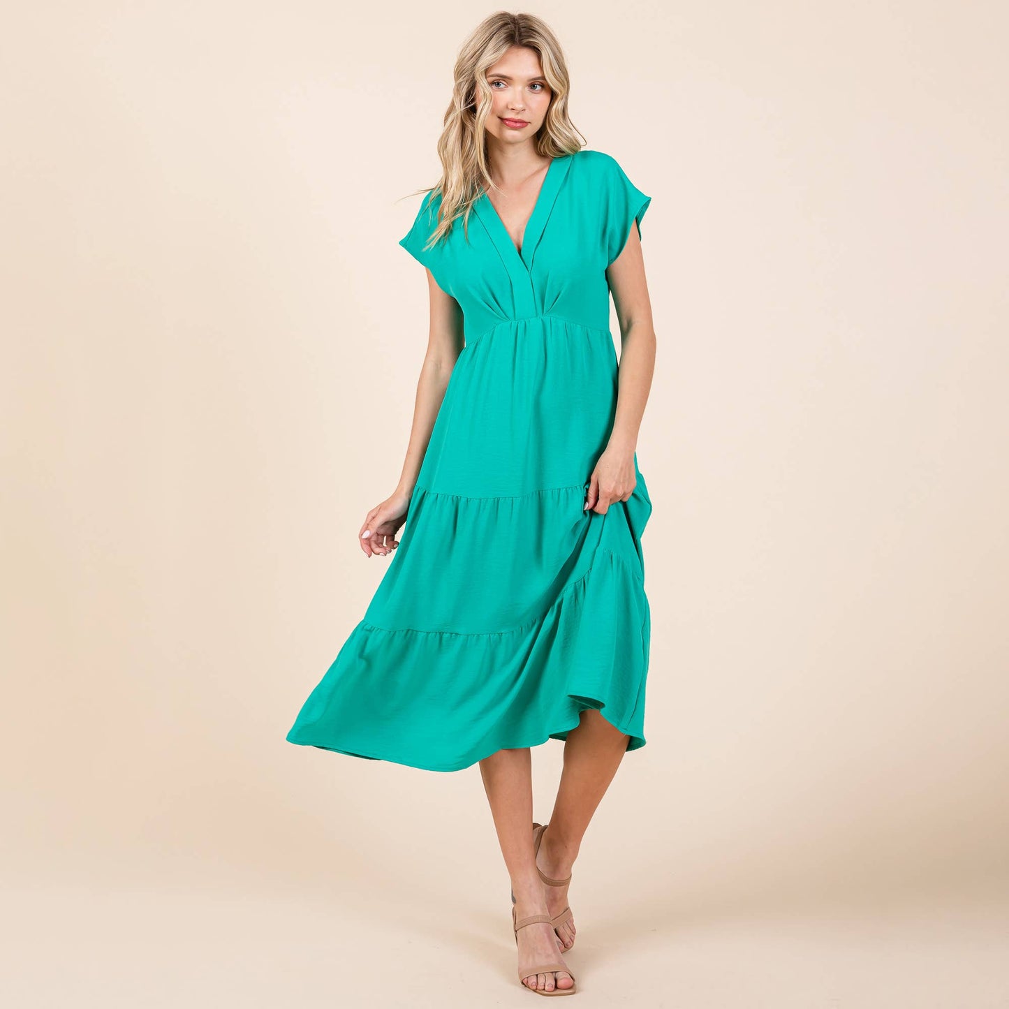 Victoria V Neck Pleated Ruffle Midi Dress ~ Kelly Green Spoiled Rotten Boutique Victoria V Neck Pleated Ruffle Midi Dress ~ Kelly Green Spoiled Rotten Boutique