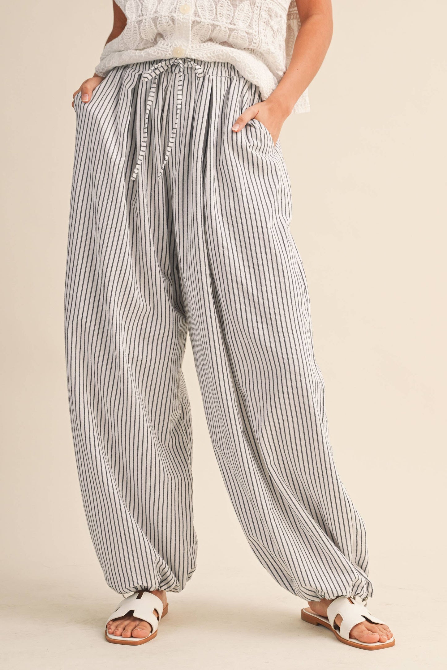 Shelly Striped Balloon Linen Blend Pants ~ White/Black