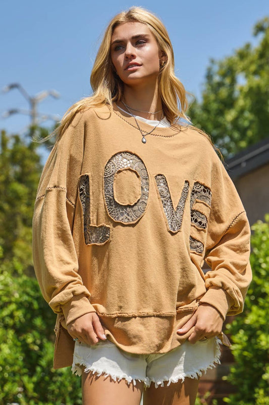 LOVE Lace Logo Acid Washed Pullover ~ Camel