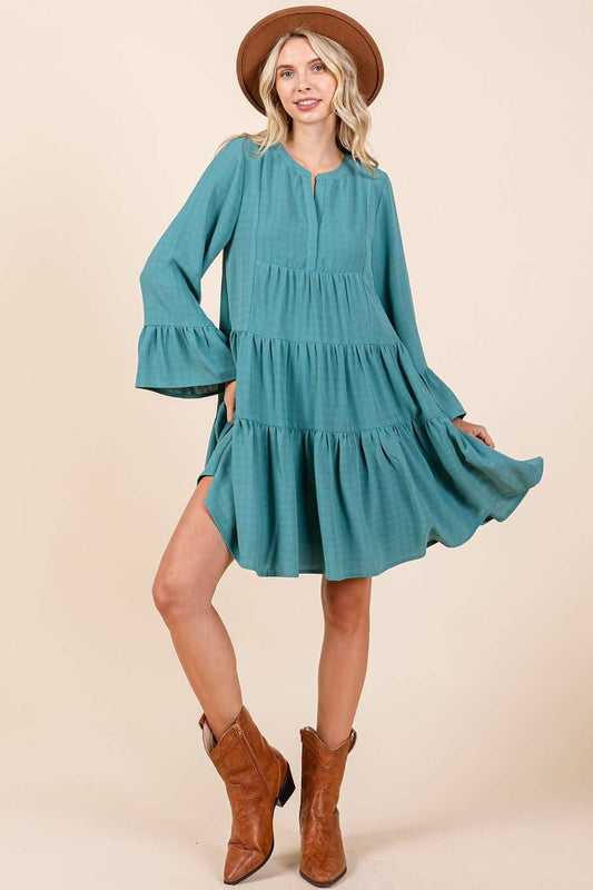 Becca Bell Sleeve Tiered Mini Dress ~ Seafoam