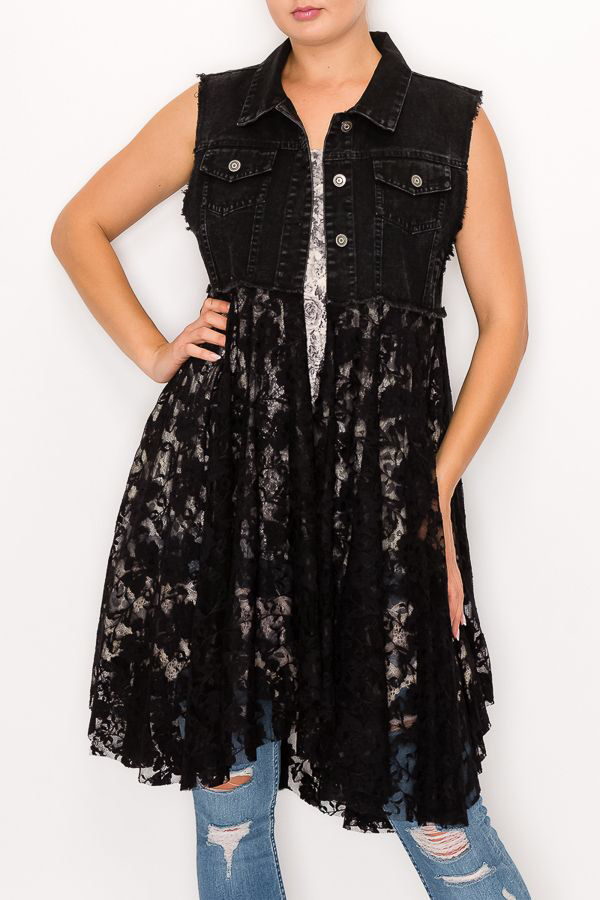Olivia Lace Layered Cropped Denim Vest ~ Black