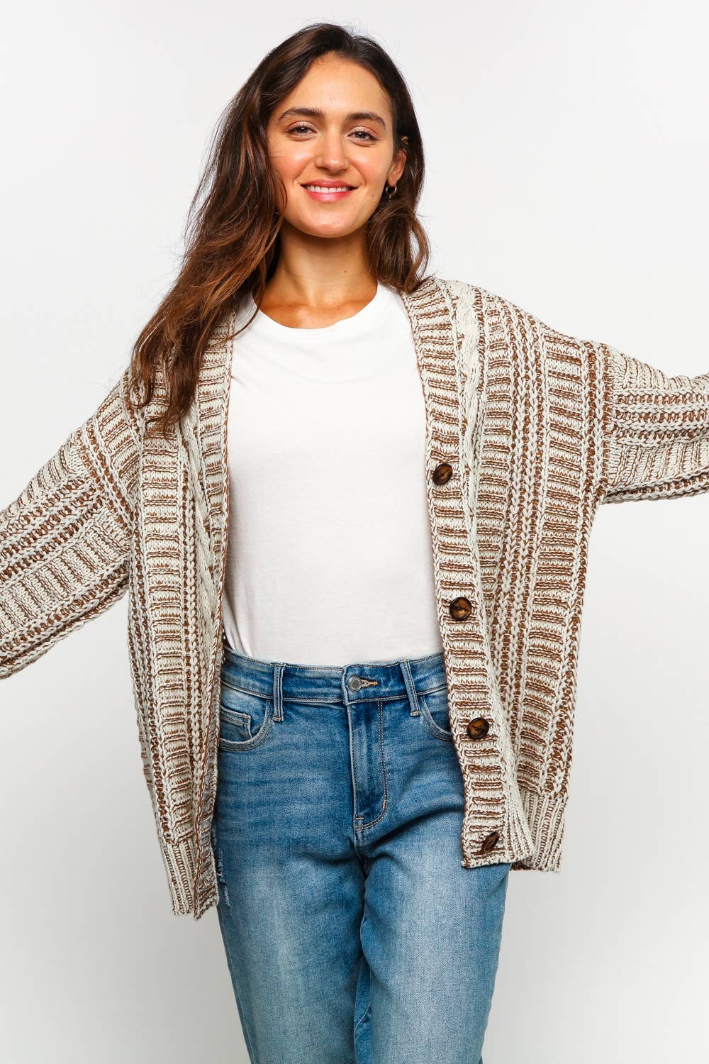 Tessa Two Tone Cable Chunky Sweater Cardigan ~ Oatmeal/Taupe