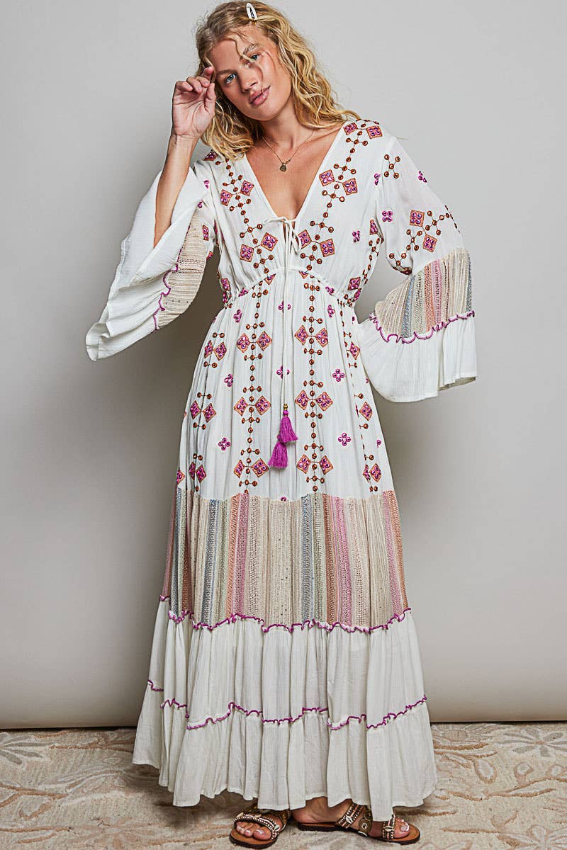 Boho V-Neck Tassel Merrow Edge Cotton Tiered Dress ~ Ivory