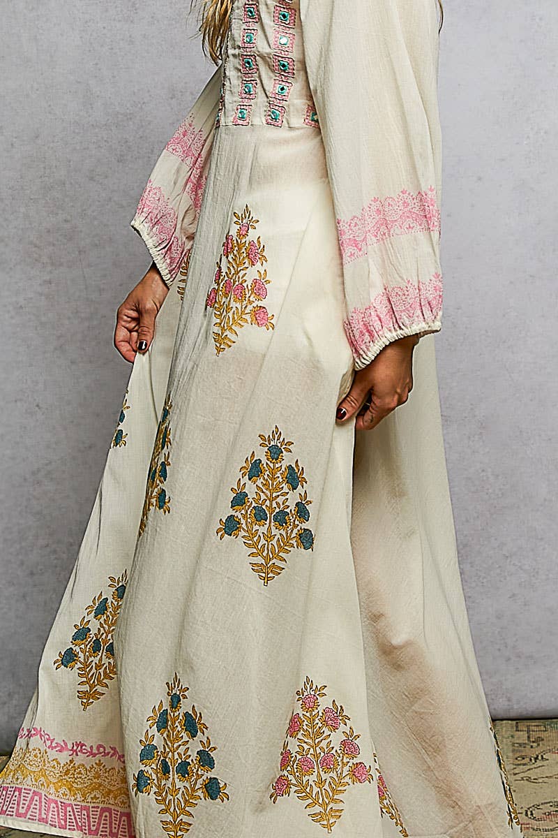 POL Embroidered Floral Maxi Dress ~ Natural