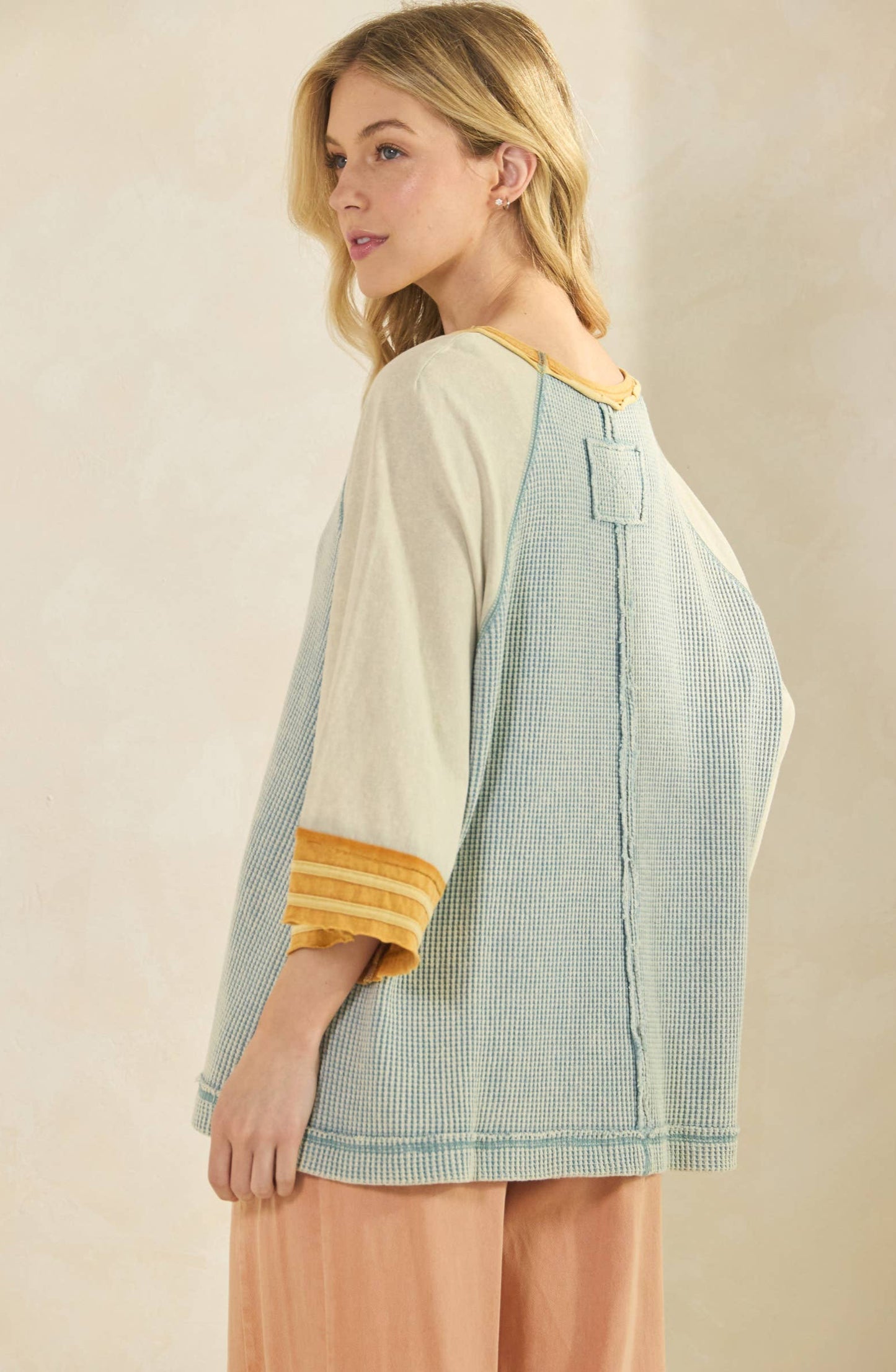 Bonnie Boho Waffle Knit Raglan Top ~ Dusty Blue
