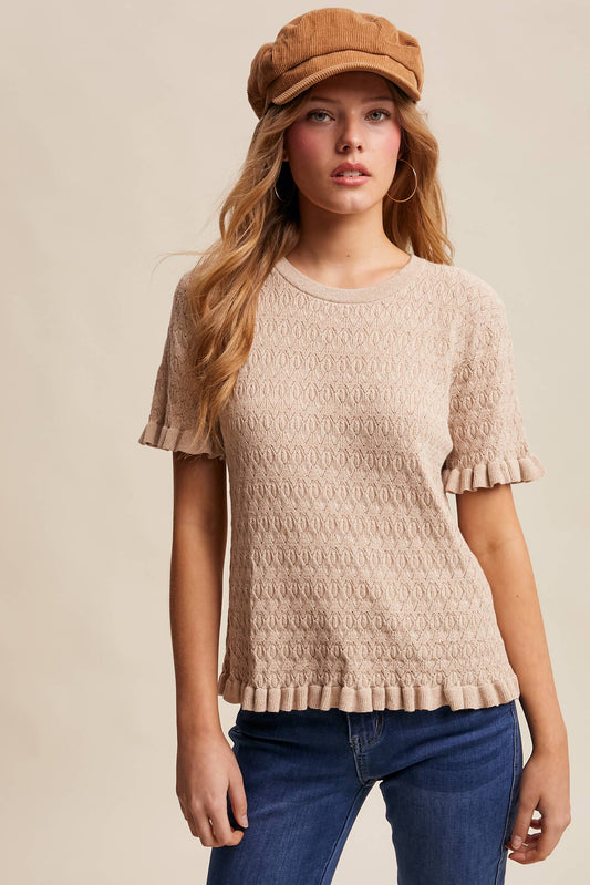 Raquel Ruffle Hem Textured Knit Top ~ Oatmeal