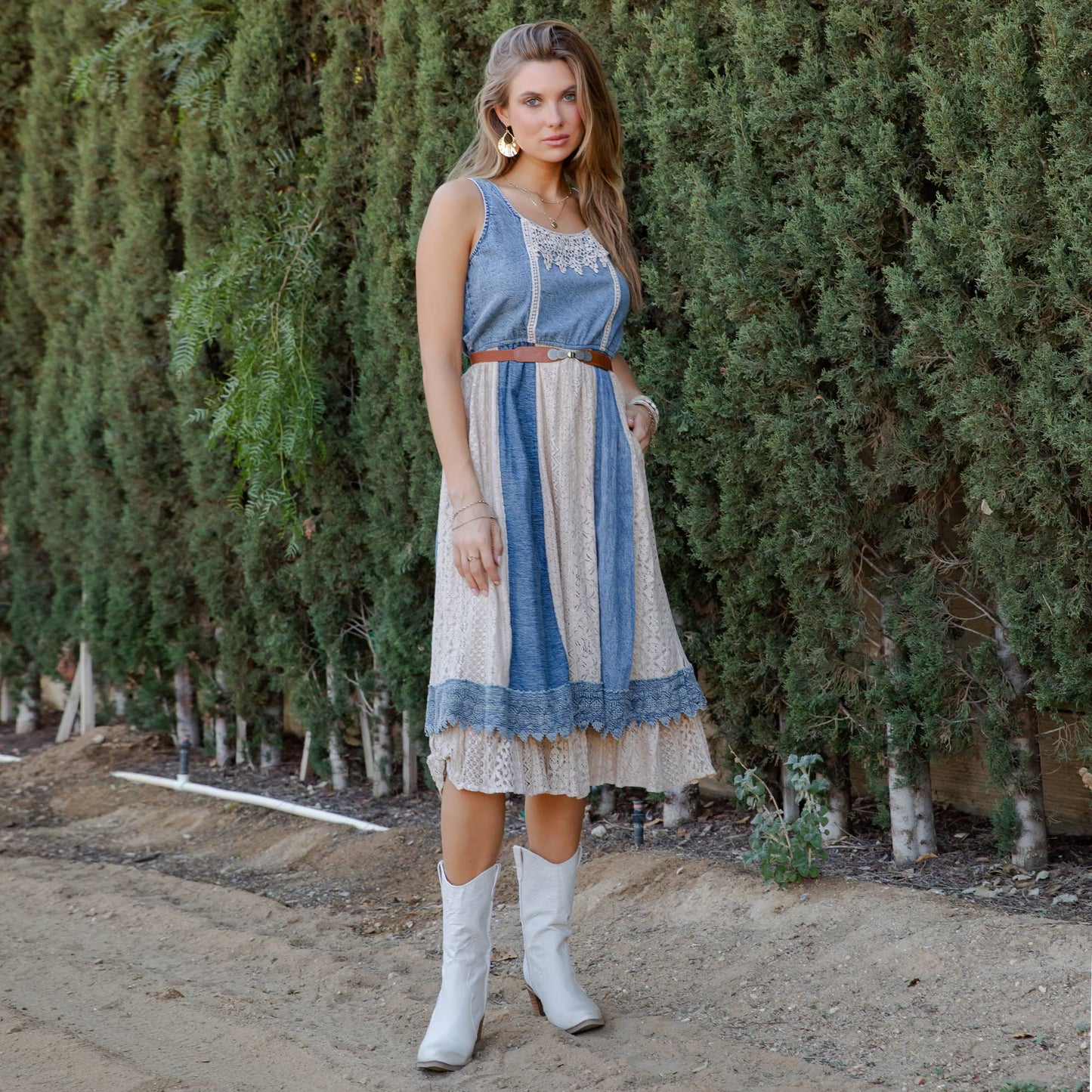 Betty Boho Western Denim & Lace Panel Midi Dress - Latte