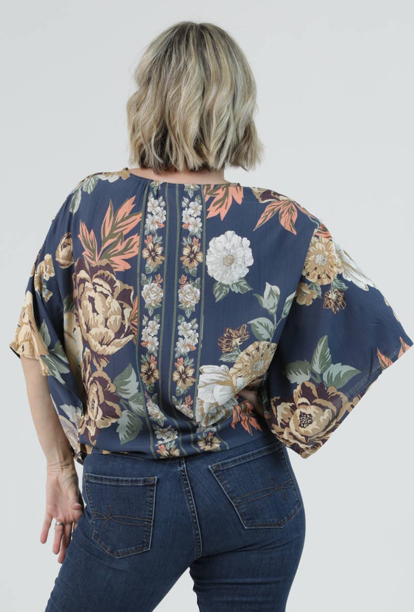 Shelia V Neck Tie Front Floral Top ~ Navy